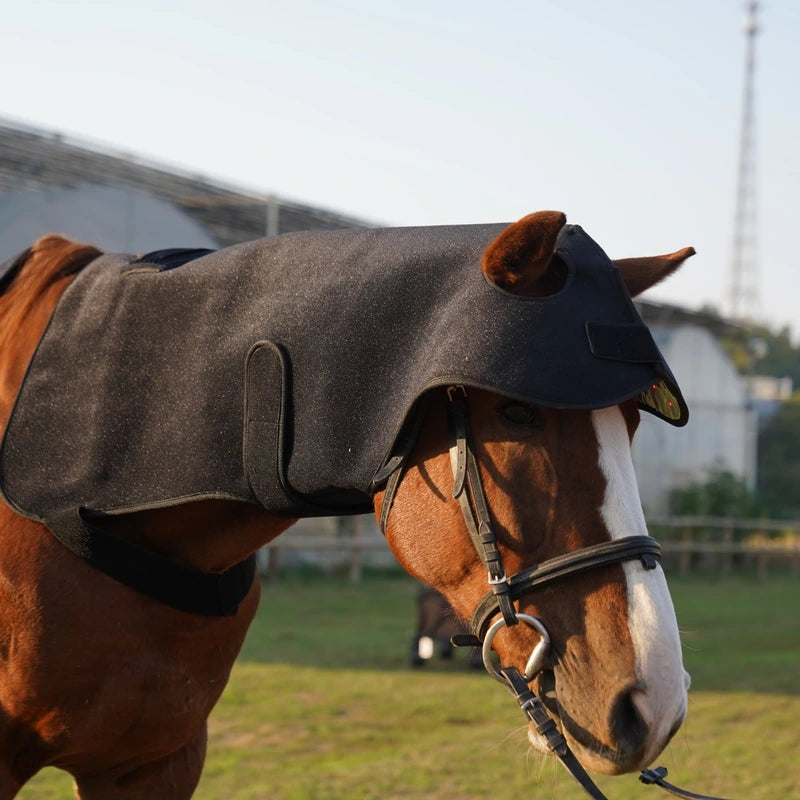 Three-quarter view of the large PbmEquine Poll Cap and Neck wrap showing its long neck coverage, ear openings and neck fastening band.
