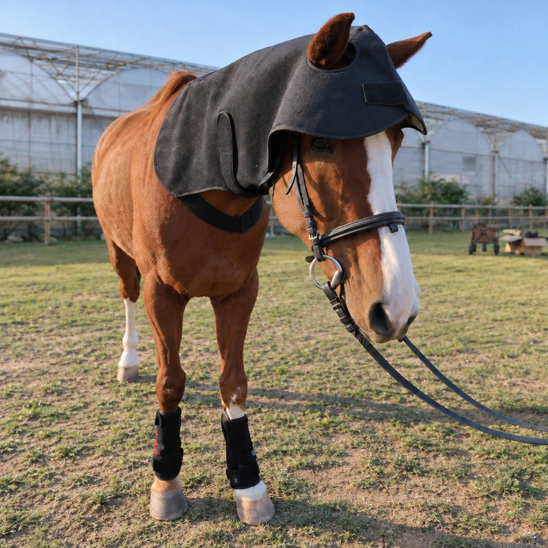 Chestnut horse wearing a PbmEquine kit with one large Poll Cap and Neck wrap and two red light therapy front leg boots.